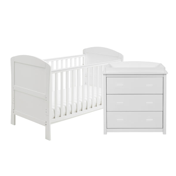 Babymore Aston 2 Piece Nursery Set | Drop Side Cot Bed & Chest Changer with Storage babymore White