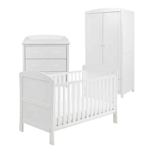 Babymore Aston 3 Piece Nursery Furniture Set | Drop Side Cot Bed, Chest Changer & Wardrobe babymore White
