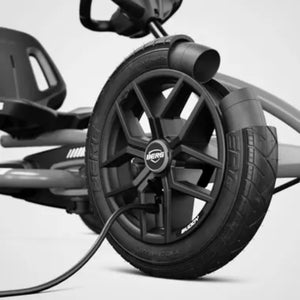 Close-up of the BERG Buddy go-kart's air-filled tyres, designed for superior grip and smooth rides on any surface.