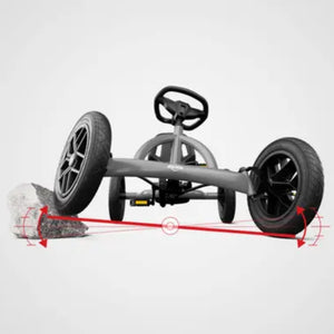 Front view of the BERG Buddy go-kart demonstrating its all-terrain suspension and stability over uneven surfaces.