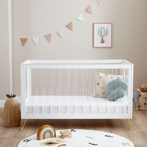 Babymore Kimi XL Acrylic Cot Bed | Modern Convertible Cot with Toddler Rail babymore