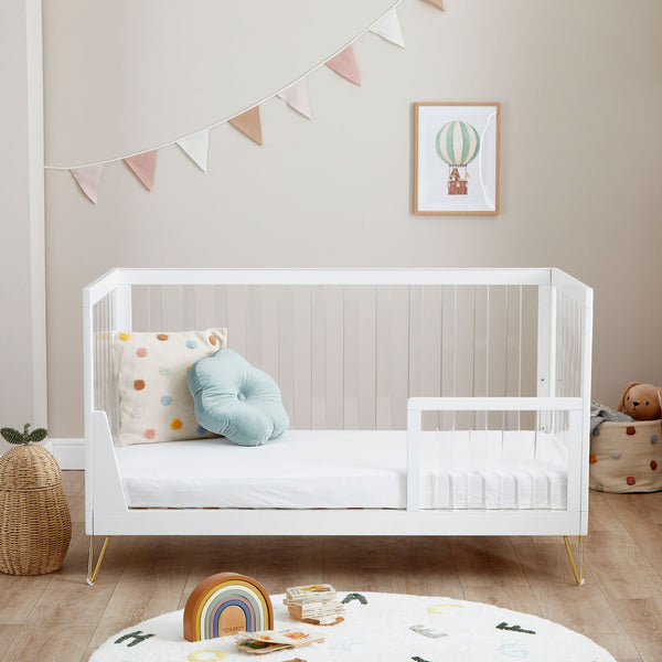 Babymore Kimi XL Acrylic Cot Bed | Modern Convertible Cot with Toddler Rail babymore