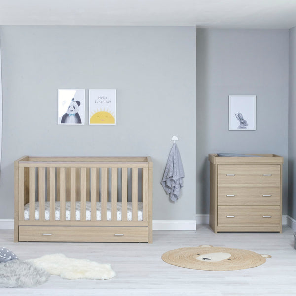 Babymore Luno 2 Piece Nursery Set | Oak Cot Bed & Chest Changer with Optional Drawer babymore
