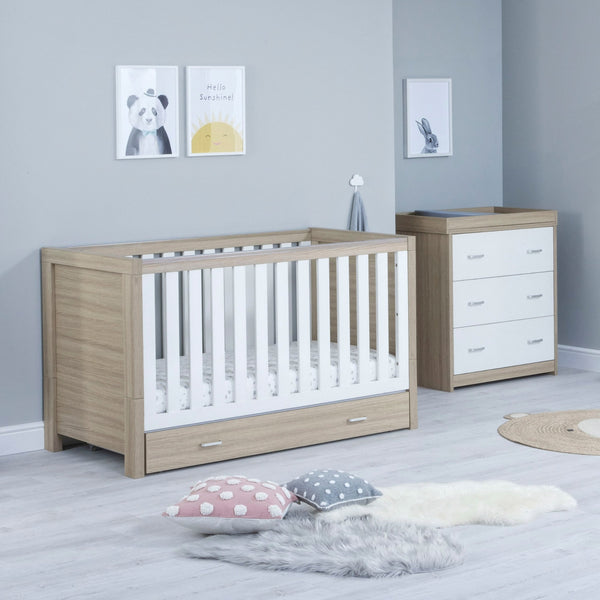 Babymore Luno 2 Piece Nursery Set | Oak Cot Bed & Chest Changer with Optional Drawer babymore Oak-White With Drawer