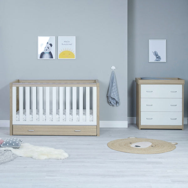 Babymore Luno 2 Piece Nursery Set | Oak Cot Bed & Chest Changer with Optional Drawer babymore