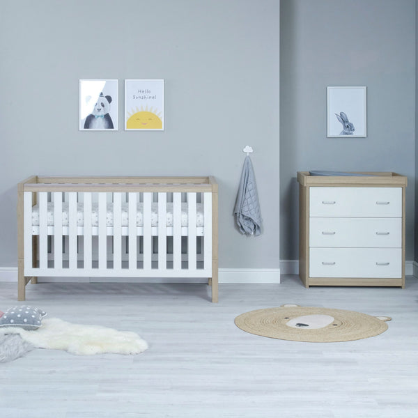 Babymore Luno 2 Piece Nursery Set | Oak Cot Bed & Chest Changer with Optional Drawer babymore
