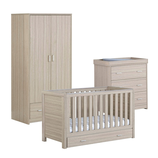 Babymore Luno 3 Piece Nursery Room Set | Oak Cot Bed, Chest Changer & Wardrobe babymore
