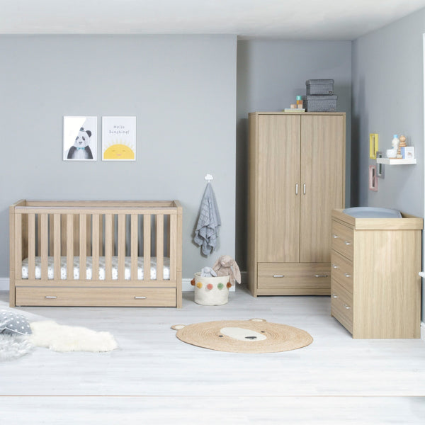 Babymore Luno 3 Piece Nursery Room Set | Oak Cot Bed, Chest Changer & Wardrobe babymore