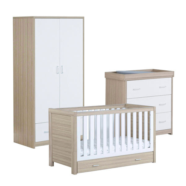 Babymore Luno 3 Piece Nursery Room Set | Oak Cot Bed, Chest Changer & Wardrobe babymore