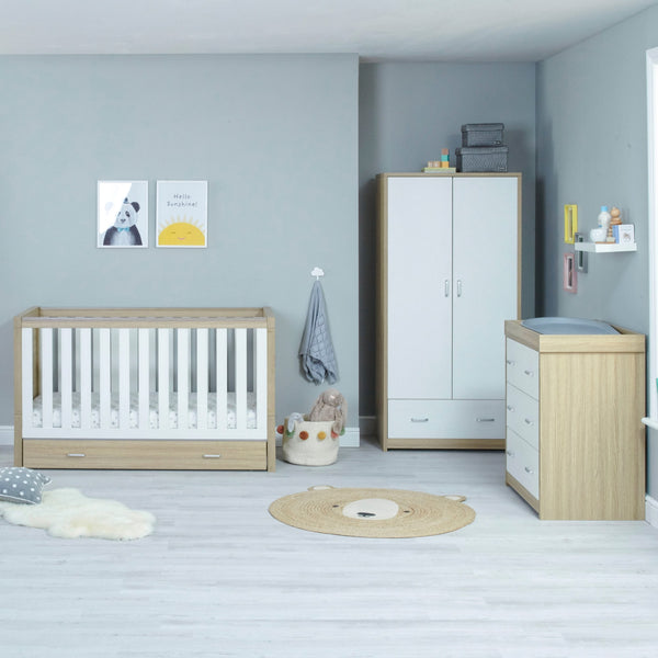 Babymore Luno 3 Piece Nursery Room Set | Oak Cot Bed, Chest Changer & Wardrobe babymore