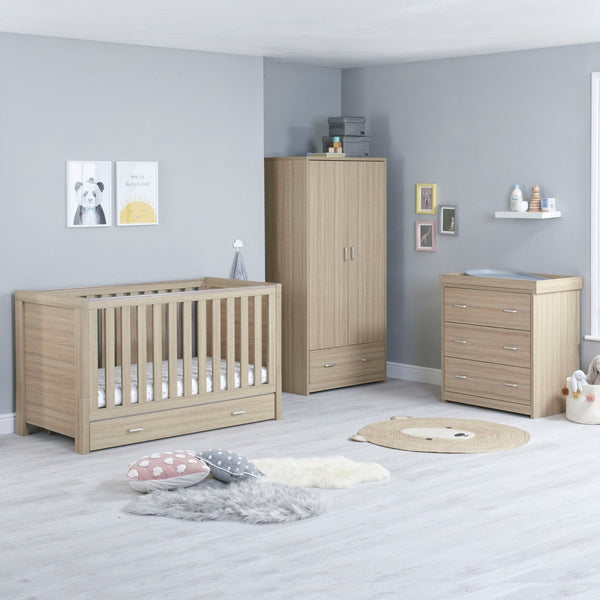 Babymore Luno 3 Piece Nursery Room Set | Oak Cot Bed, Chest Changer & Wardrobe babymore Oak With Drawer