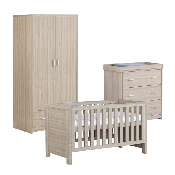 Babymore Luno 3 Piece Nursery Room Set | Oak Cot Bed, Chest Changer & Wardrobe babymore