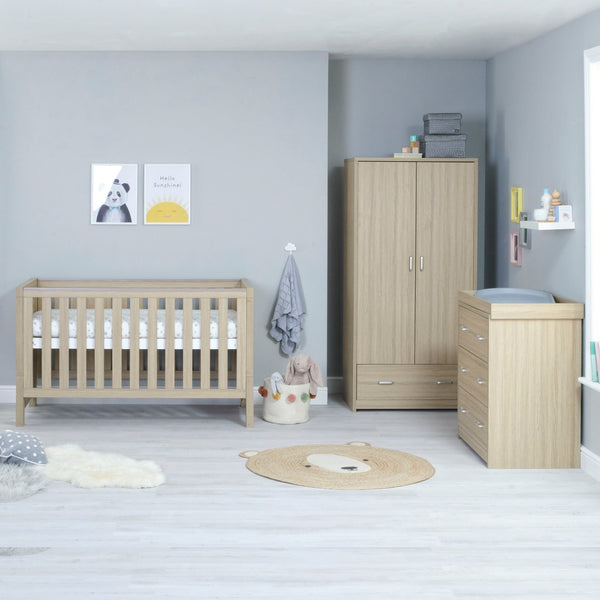 Babymore Luno 3 Piece Nursery Room Set | Oak Cot Bed, Chest Changer & Wardrobe babymore