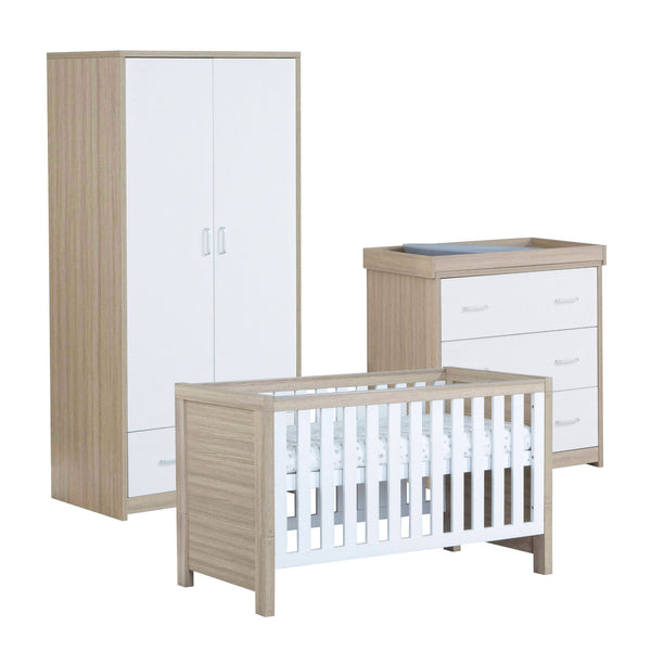 Babymore Luno 3 Piece Nursery Room Set | Oak Cot Bed, Chest Changer & Wardrobe babymore