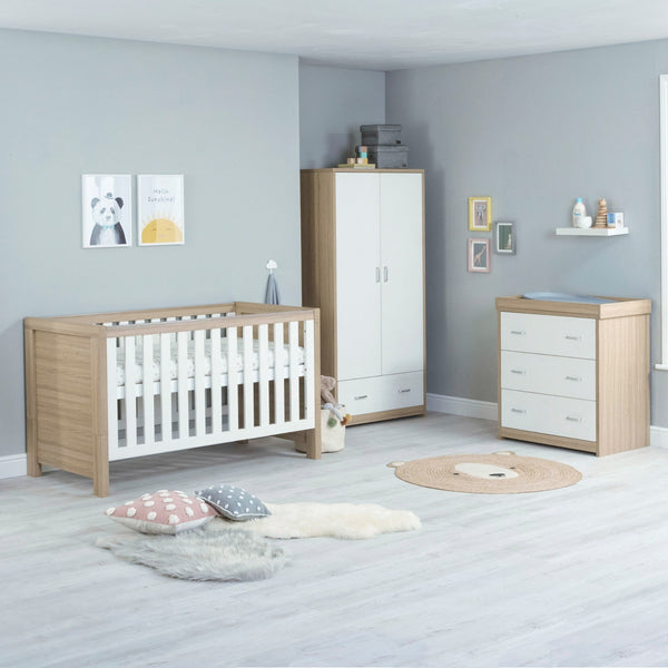 Babymore Luno 3 Piece Nursery Room Set | Oak Cot Bed, Chest Changer & Wardrobe babymore Oak-White Without Drawer