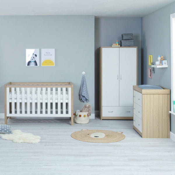 Babymore Luno 3 Piece Nursery Room Set | Oak Cot Bed, Chest Changer & Wardrobe babymore