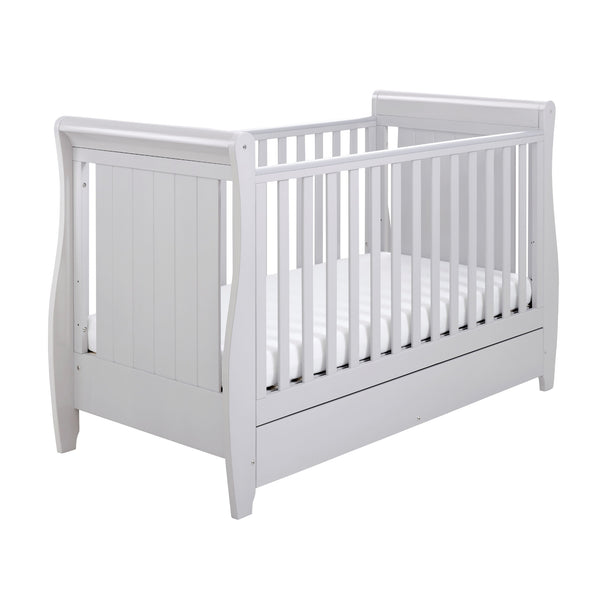 Babymore Stella Sleigh Drop Side Cot Bed with Drawer | Elegant, Convertible & Practical | White or Grey babymore
