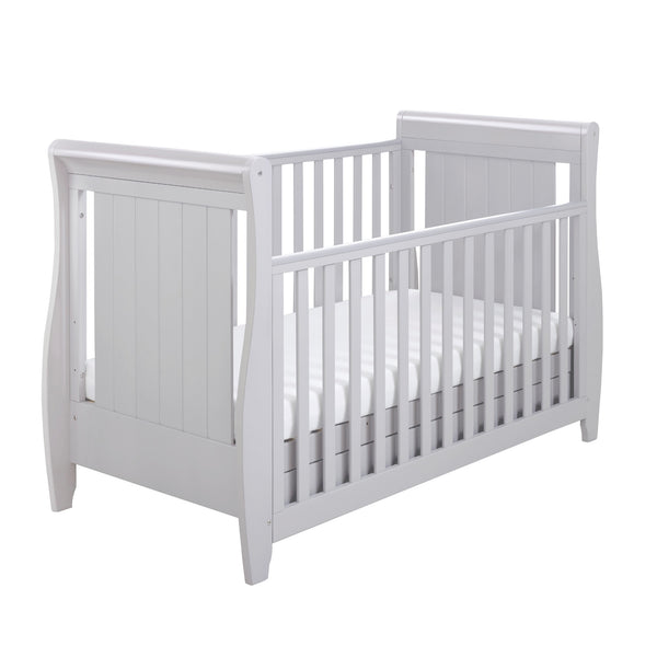 Babymore Stella Sleigh Drop Side Cot Bed with Drawer | Elegant, Convertible & Practical | White or Grey babymore