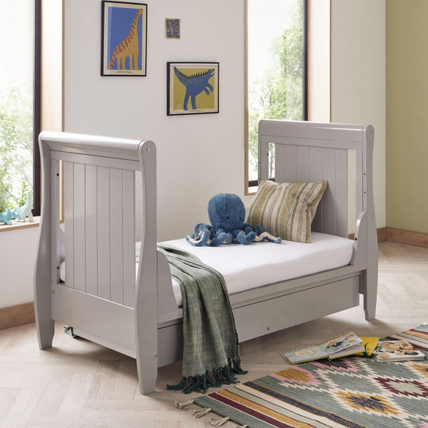 Babymore Stella Sleigh Drop Side Cot Bed with Drawer | Elegant, Convertible & Practical | White or Grey babymore