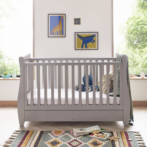 Babymore Stella Sleigh Drop Side Cot Bed with Drawer | Elegant, Convertible & Practical | White or Grey babymore Grey