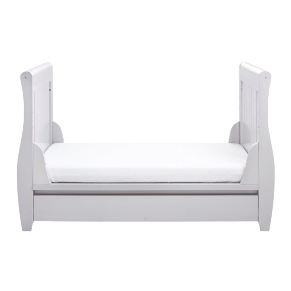 Babymore Stella Sleigh Drop Side Cot Bed with Drawer | Elegant, Convertible & Practical | White or Grey babymore