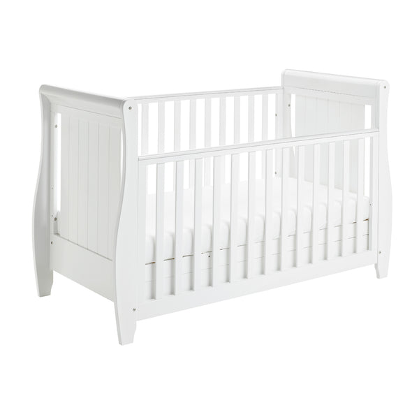 Babymore Stella Sleigh Drop Side Cot Bed with Drawer | Elegant, Convertible & Practical | White or Grey babymore