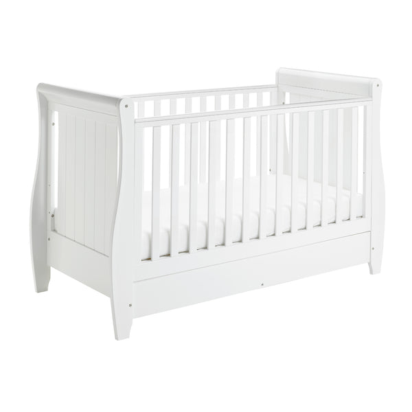 Babymore Stella Sleigh Drop Side Cot Bed with Drawer | Elegant, Convertible & Practical | White or Grey babymore