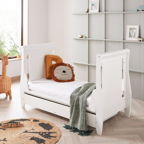 Babymore Stella Sleigh Drop Side Cot Bed with Drawer | Elegant, Convertible & Practical | White or Grey babymore