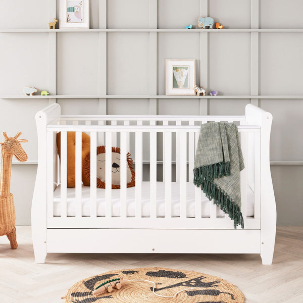 Babymore Stella Sleigh Drop Side Cot Bed with Drawer | Elegant, Convertible & Practical | White or Grey babymore White