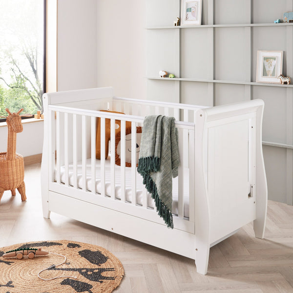 Babymore Stella Sleigh Drop Side Cot Bed with Drawer | Elegant, Convertible & Practical | White or Grey babymore