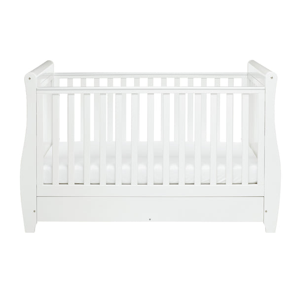 Babymore Stella Sleigh Drop Side Cot Bed with Drawer | Elegant, Convertible & Practical | White or Grey babymore