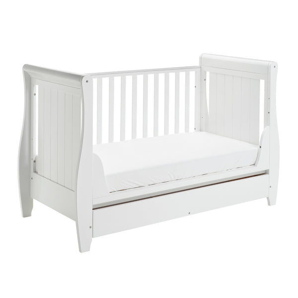 Babymore Stella Sleigh Drop Side Cot Bed with Drawer | Elegant, Convertible & Practical | White or Grey babymore