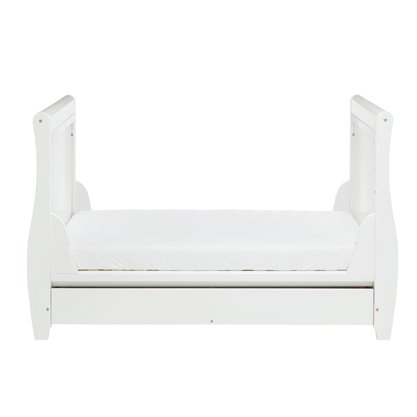 Babymore Stella Sleigh Drop Side Cot Bed with Drawer | Elegant, Convertible & Practical | White or Grey babymore
