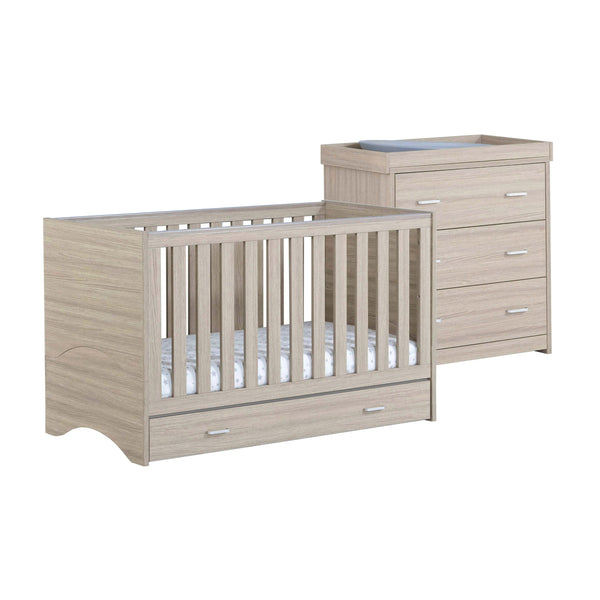 Babymore Veni 2 Piece Nursery Room Set | Oak Cot Bed with Optional Drawer & Chest Changer babymore