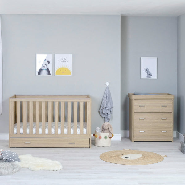 Babymore Veni 2 Piece Nursery Room Set | Oak Cot Bed with Optional Drawer & Chest Changer babymore
