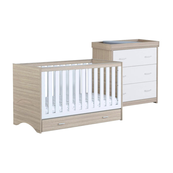 Babymore Veni 2 Piece Nursery Room Set | Oak Cot Bed with Optional Drawer & Chest Changer babymore