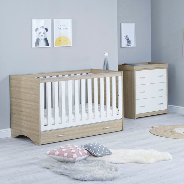 Babymore Veni 2 Piece Nursery Room Set | Oak Cot Bed with Optional Drawer & Chest Changer babymore Oak-White With Drawer