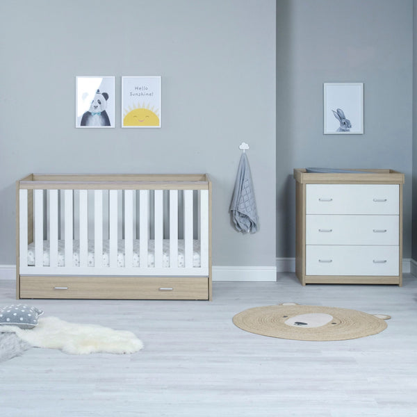 Babymore Veni 2 Piece Nursery Room Set | Oak Cot Bed with Optional Drawer & Chest Changer babymore