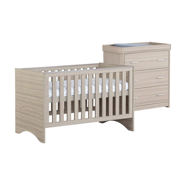 Babymore Veni 2 Piece Nursery Room Set | Oak Cot Bed with Optional Drawer & Chest Changer babymore