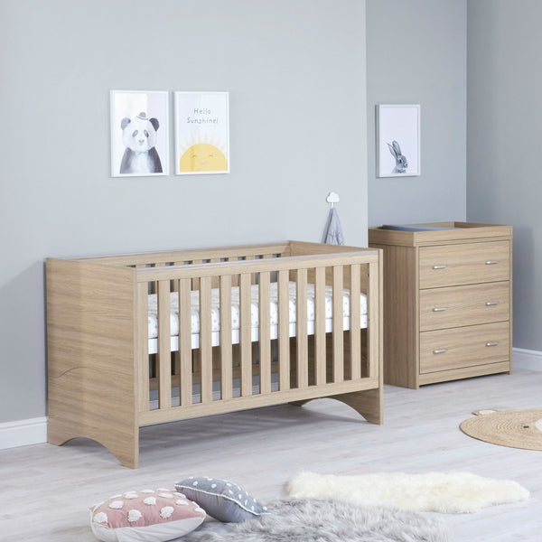 Babymore Veni 2 Piece Nursery Room Set | Oak Cot Bed with Optional Drawer & Chest Changer babymore Oak Without Drawer
