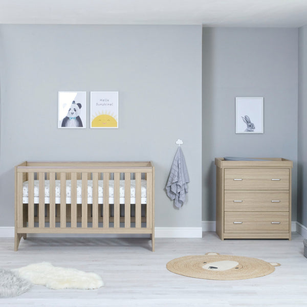 Babymore Veni 2 Piece Nursery Room Set | Oak Cot Bed with Optional Drawer & Chest Changer babymore