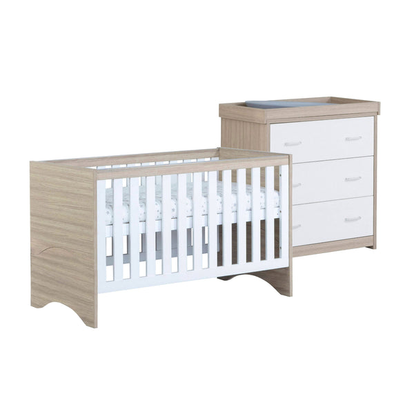 Babymore Veni 2 Piece Nursery Room Set | Oak Cot Bed with Optional Drawer & Chest Changer babymore