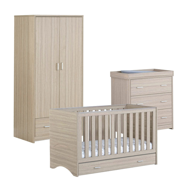 Babymore Veni 3 Piece Nursery Set | Oak Cot Bed with Optional Drawer, Chest Changer & Wardrobe babymore