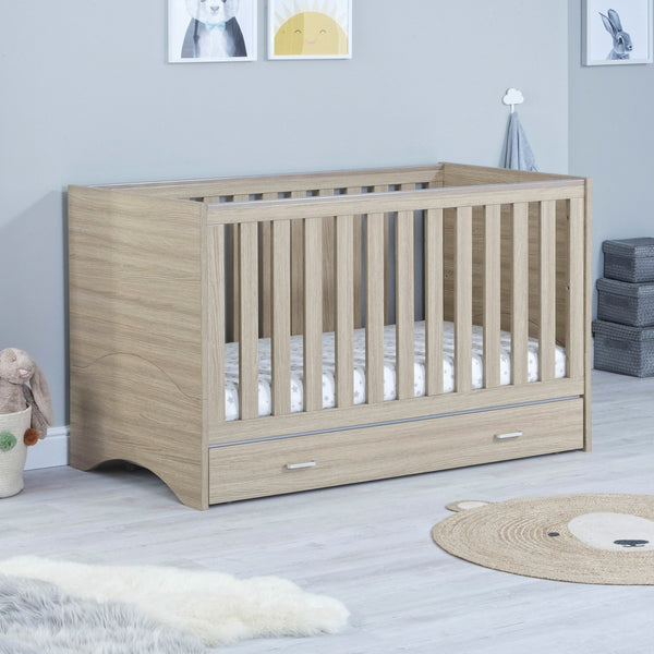 Babymore Veni 3 Piece Nursery Set | Oak Cot Bed with Optional Drawer, Chest Changer & Wardrobe babymore