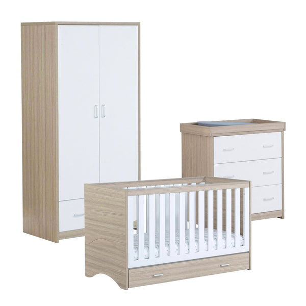 Babymore Veni 3 Piece Nursery Set | Oak Cot Bed with Optional Drawer, Chest Changer & Wardrobe babymore