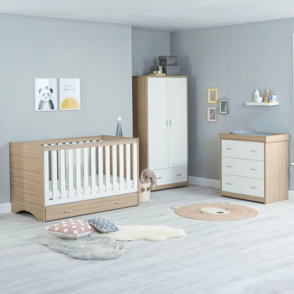 Babymore Veni 3 Piece Nursery Set | Oak Cot Bed with Optional Drawer, Chest Changer & Wardrobe babymore Oak-White With Drawer