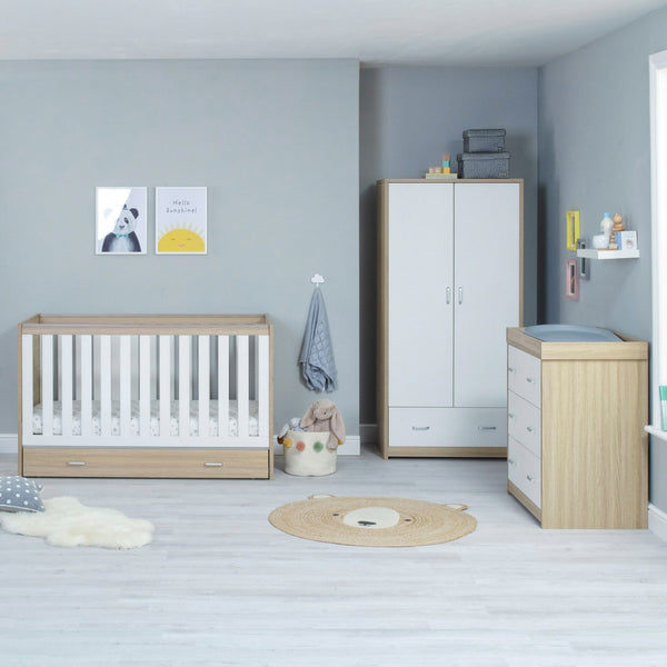 Babymore Veni 3 Piece Nursery Set | Oak Cot Bed with Optional Drawer, Chest Changer & Wardrobe babymore
