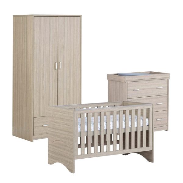 Babymore Veni 3 Piece Nursery Set | Oak Cot Bed with Optional Drawer, Chest Changer & Wardrobe babymore