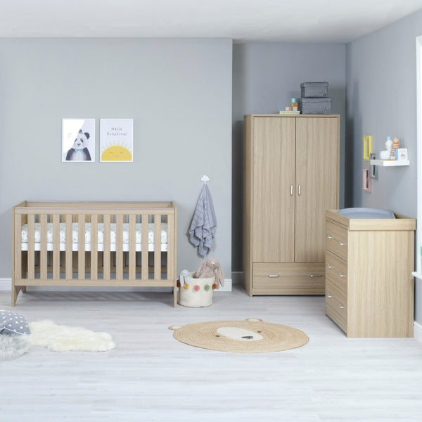 Babymore Veni 3 Piece Nursery Set | Oak Cot Bed with Optional Drawer, Chest Changer & Wardrobe babymore