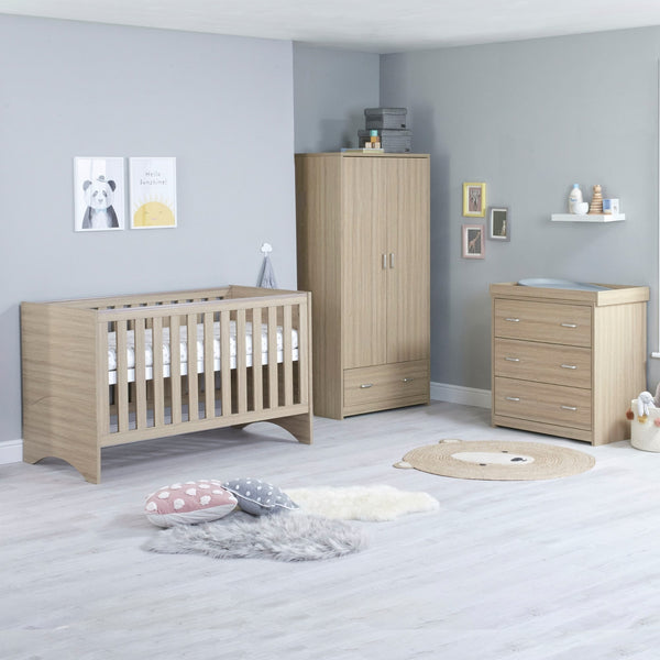 Babymore Veni 3 Piece Nursery Set | Oak Cot Bed with Optional Drawer, Chest Changer & Wardrobe babymore Oak Without Drawer